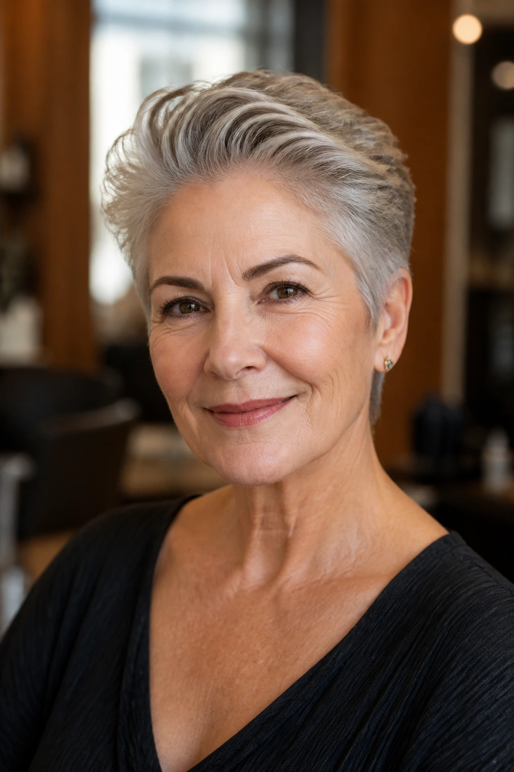 Close-up portrait of a woman with a swept-back crop opening the face in salon lighting