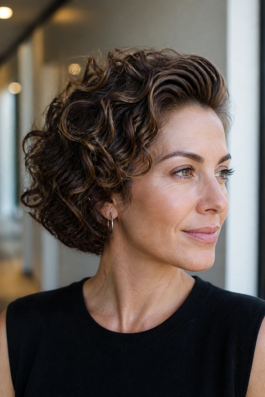 Close-up of a real woman with swept-back curly bob and sculpted roots