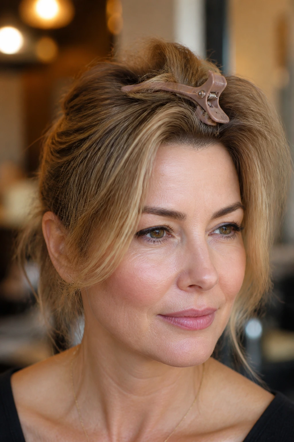 Real woman with swept-back fringe, trained to open away from the face