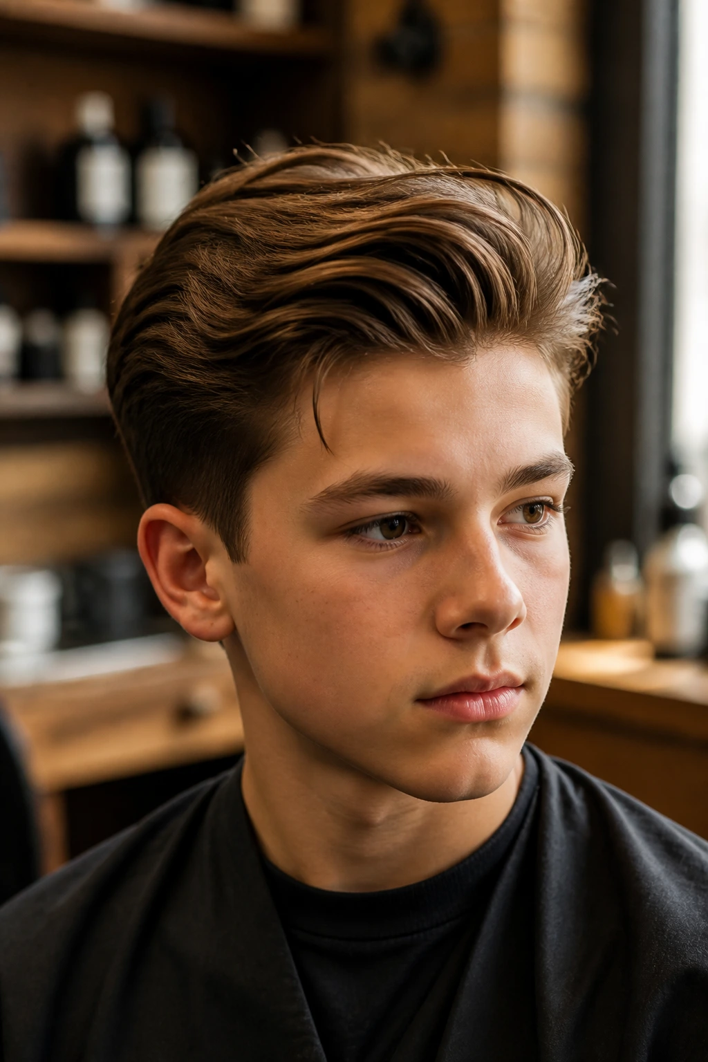 Close-up of a real boy with a brushed-back, softly layered swept-back scissor cut in warm barbershop light