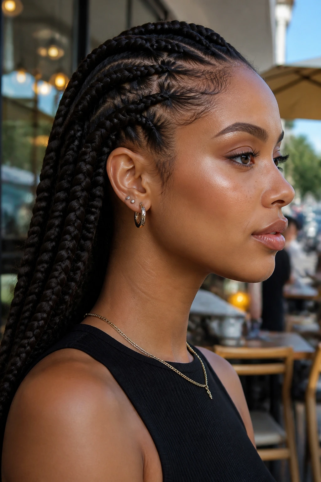 Real woman with swept-back jumbo braids highlighting cheekbones