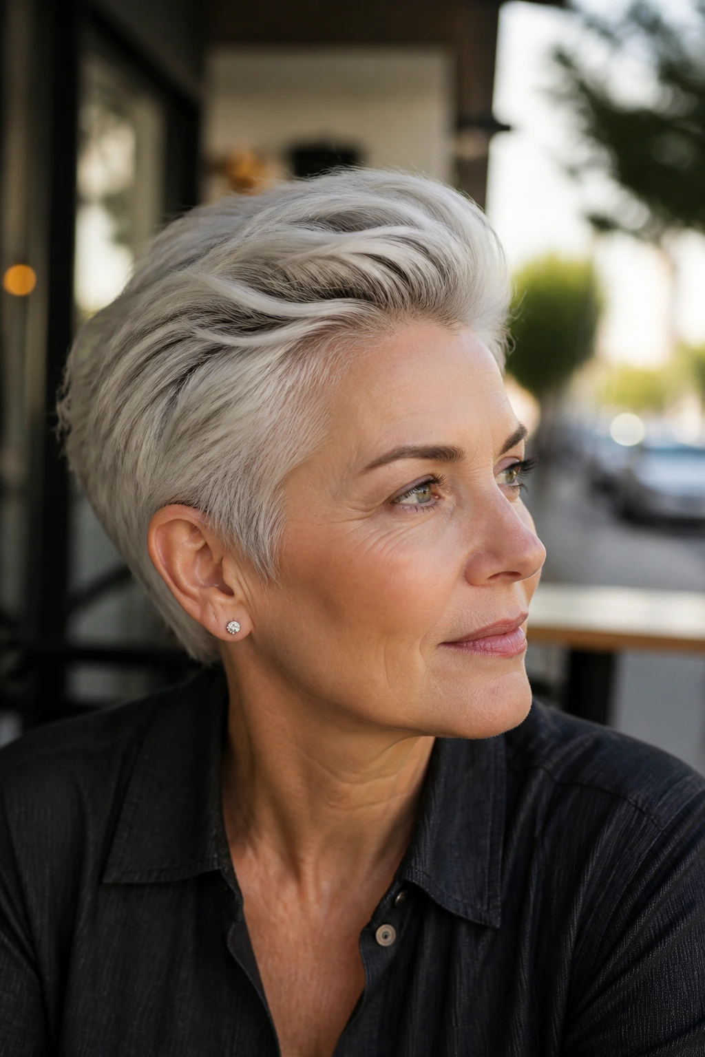 Portrait of a real person with a swept-back volume pixie and lift at crown and temples.