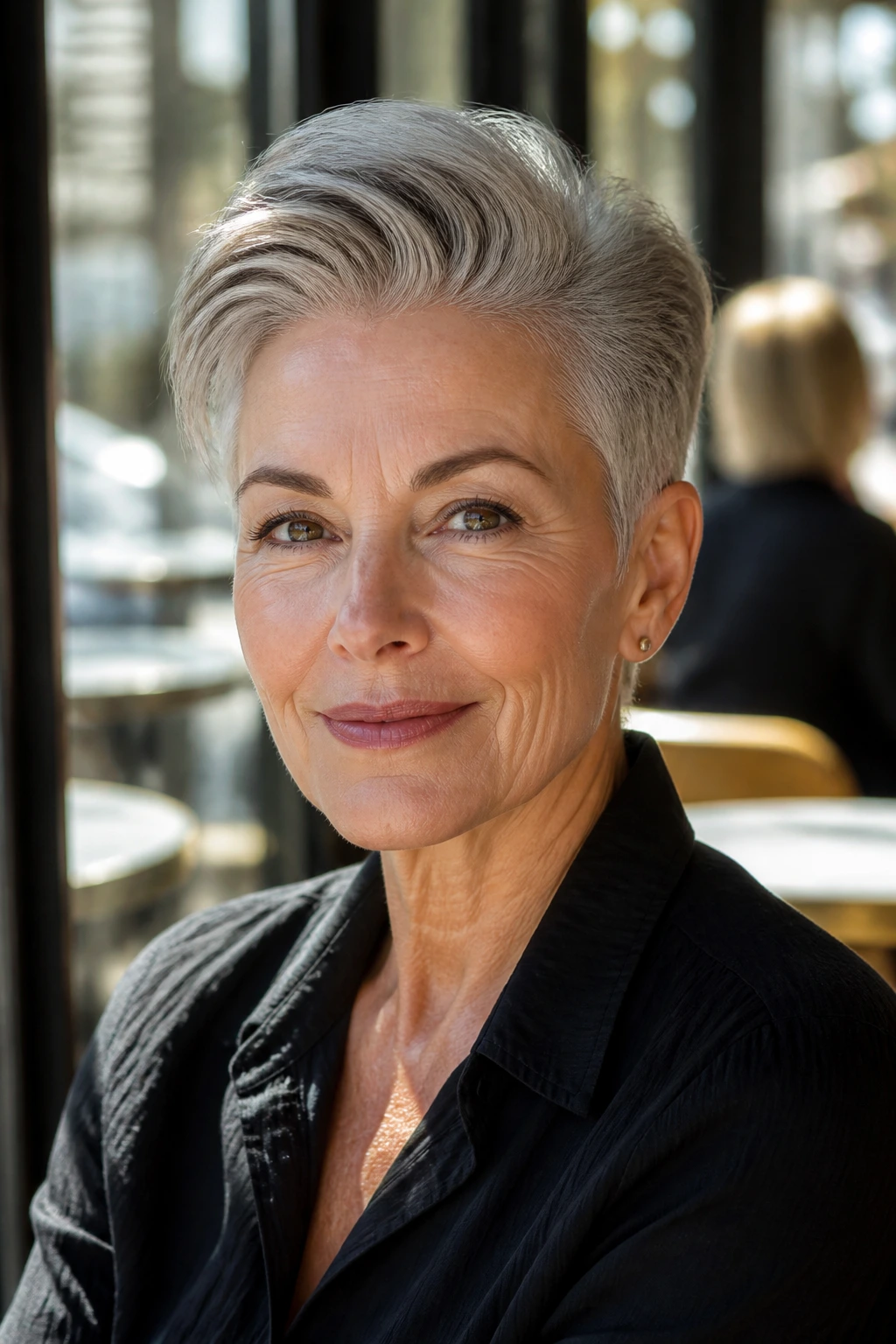 Close-up of a woman with a swept-back pixie hairstyle in a cafe setting