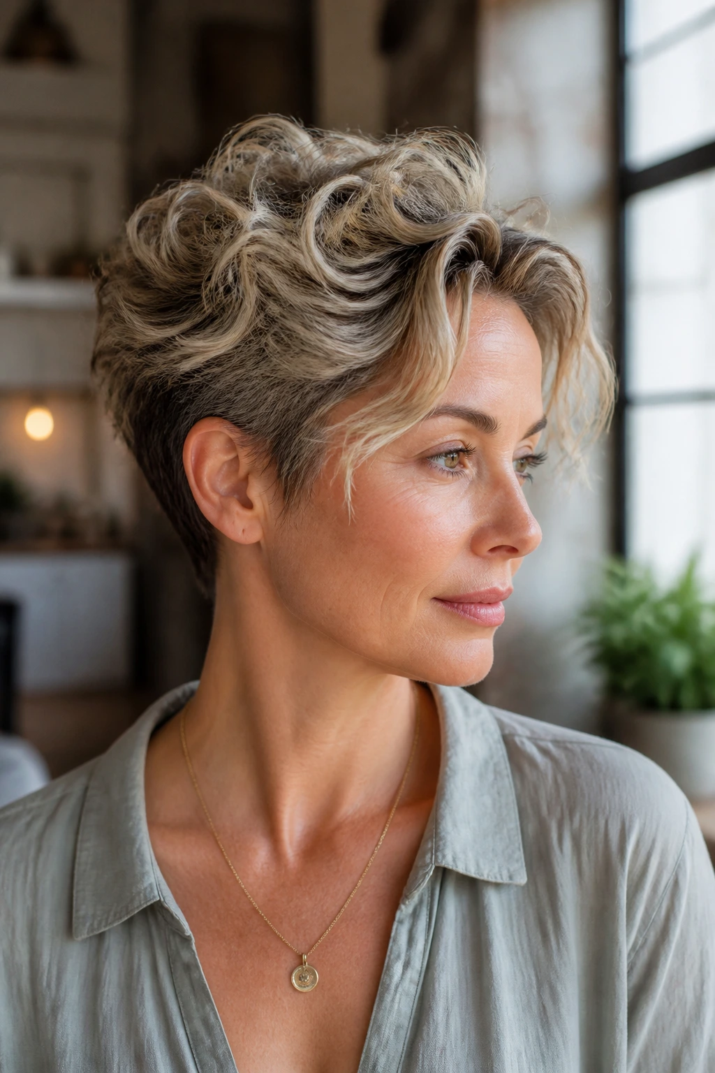 Portrait of real woman with swept-back pixie and long top pieces