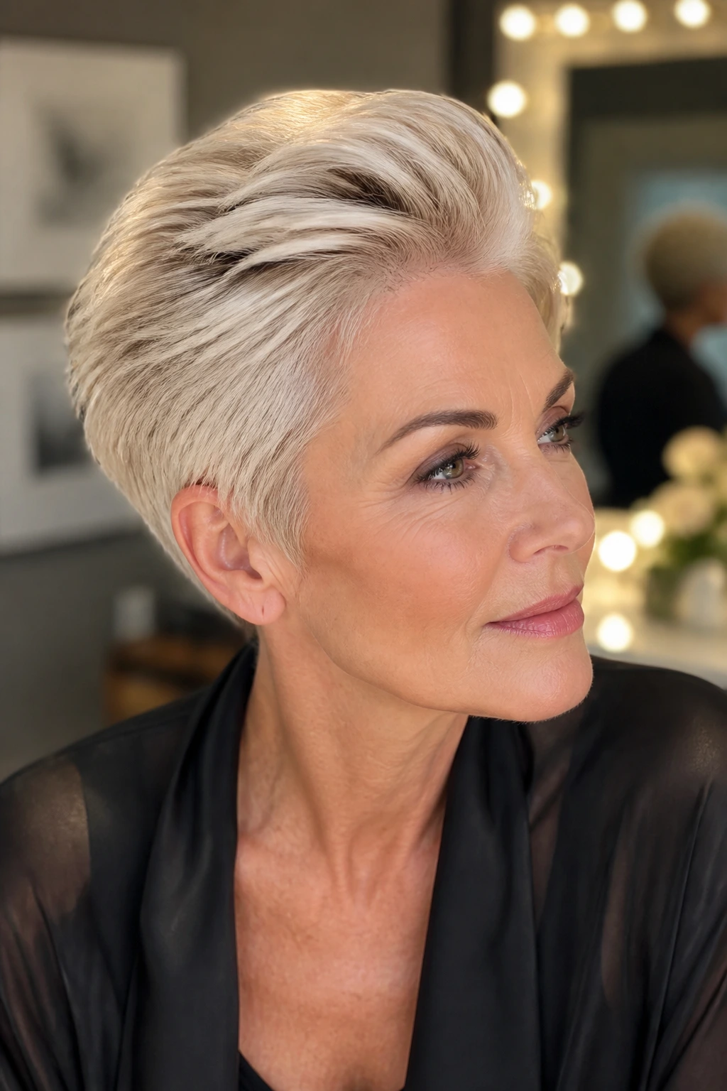 Real woman with swept-back glam pixie in platinum under soft dressing room lighting