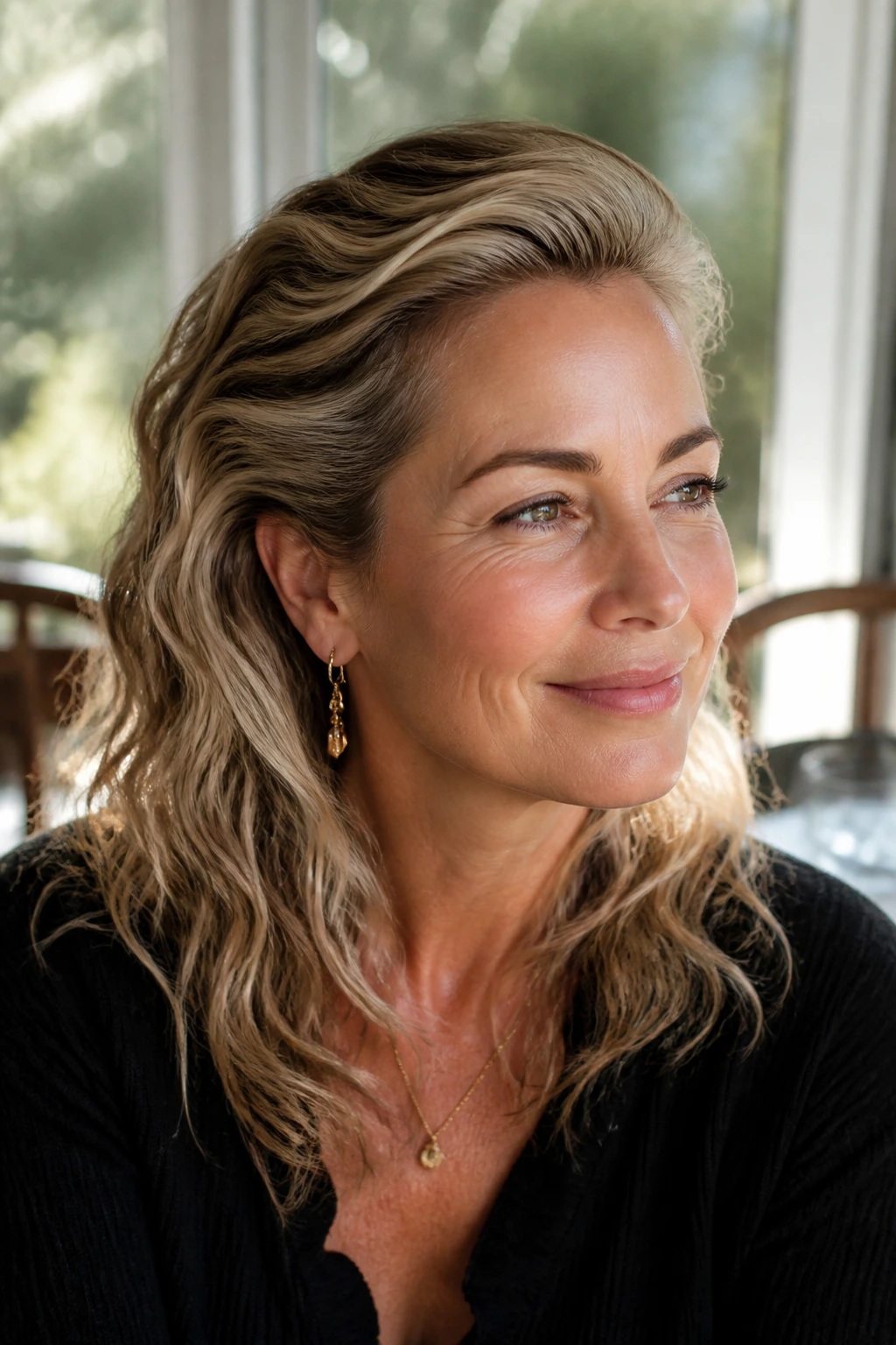 Close-up portrait of a woman with swept-back hair and root volume in natural light