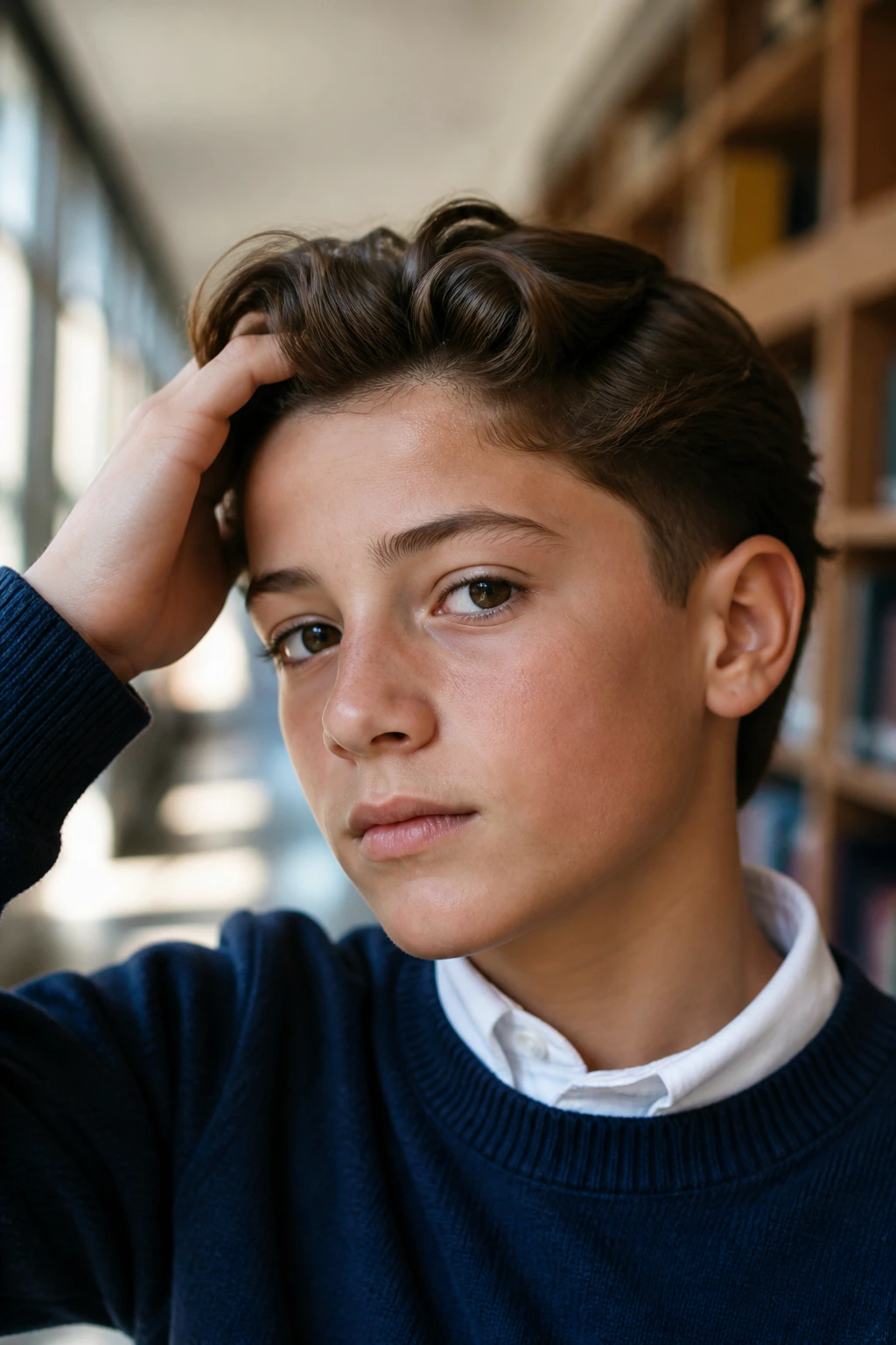 Close-up portrait of a boy with a swept-back school cut hairstyle