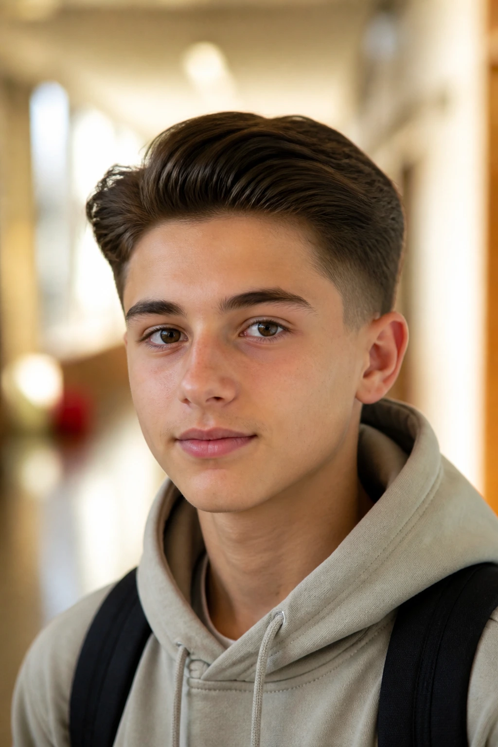 Teen boy with swept-back school cut and low taper in a sunlit hallway