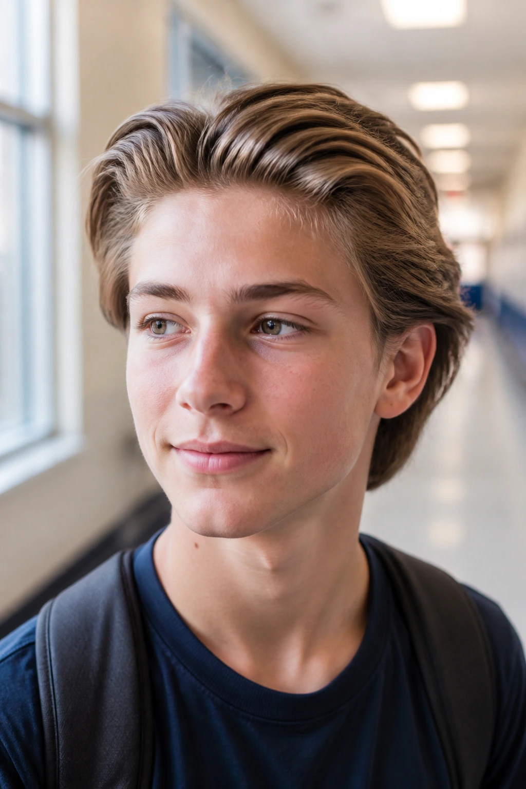 Close-up portrait of a real boy with swept-back schoolboy flow in a sunlit hallway