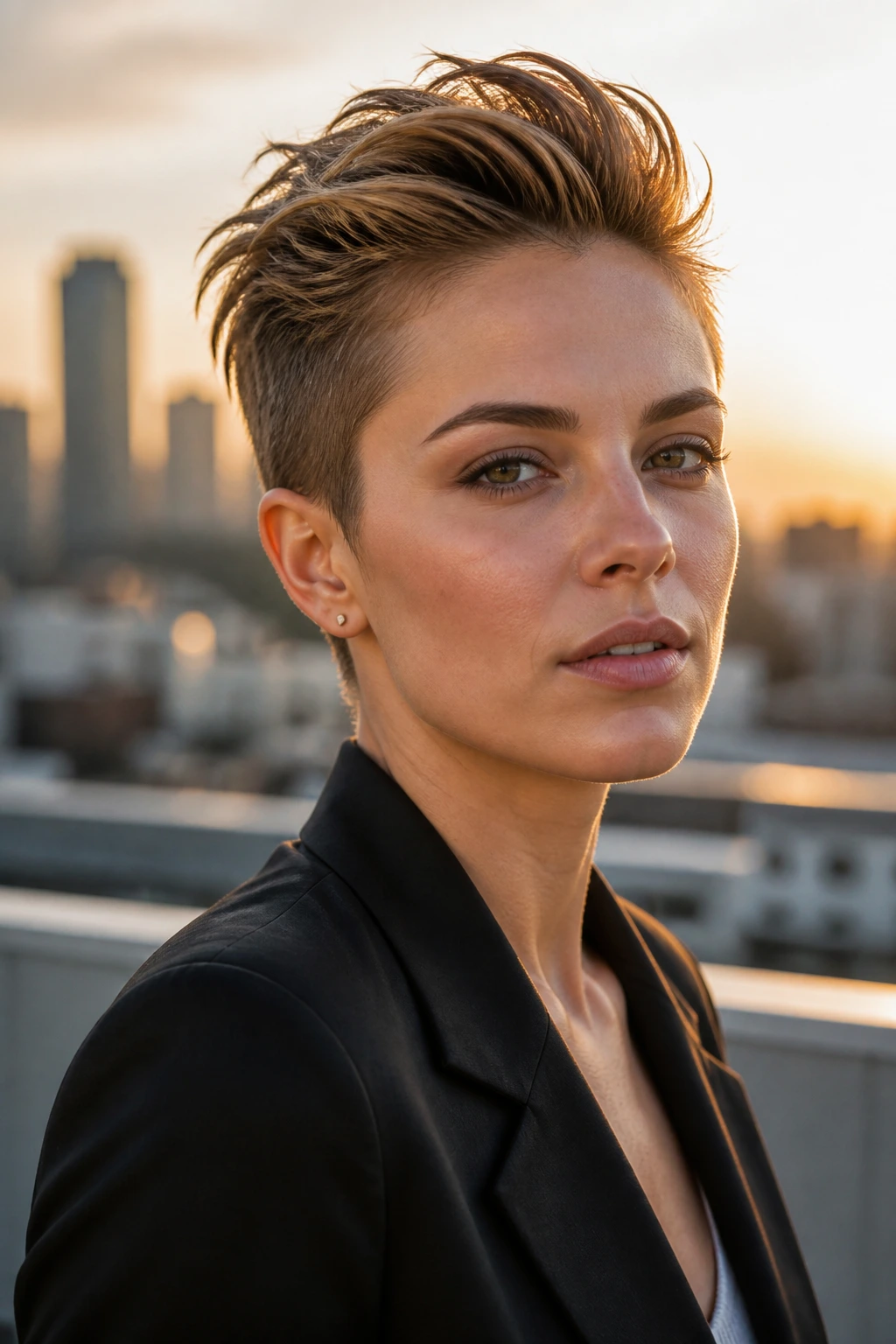 Close-up portrait of a real person with a swept-back textured crop