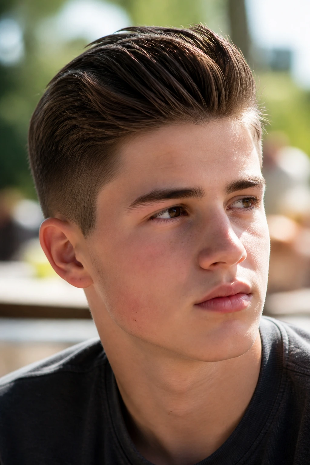 Close-up portrait of a teen boy with swept-back top and short sides