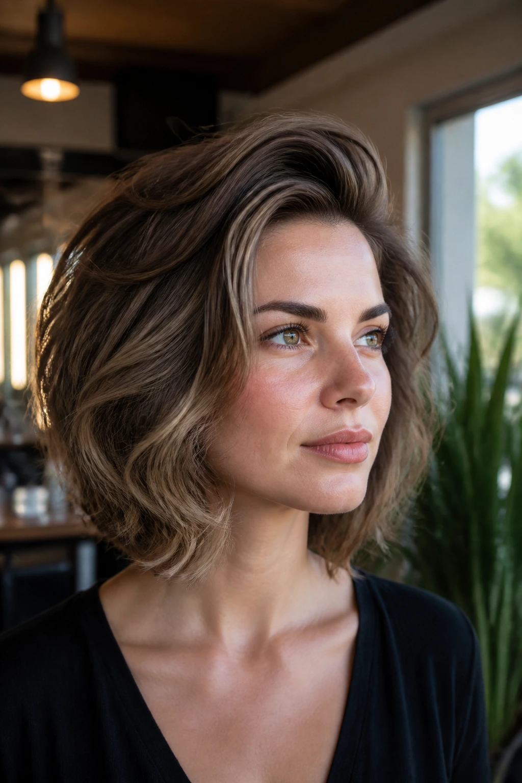 Close-up portrait of a real woman with swept-back volume bob and lifted crown.