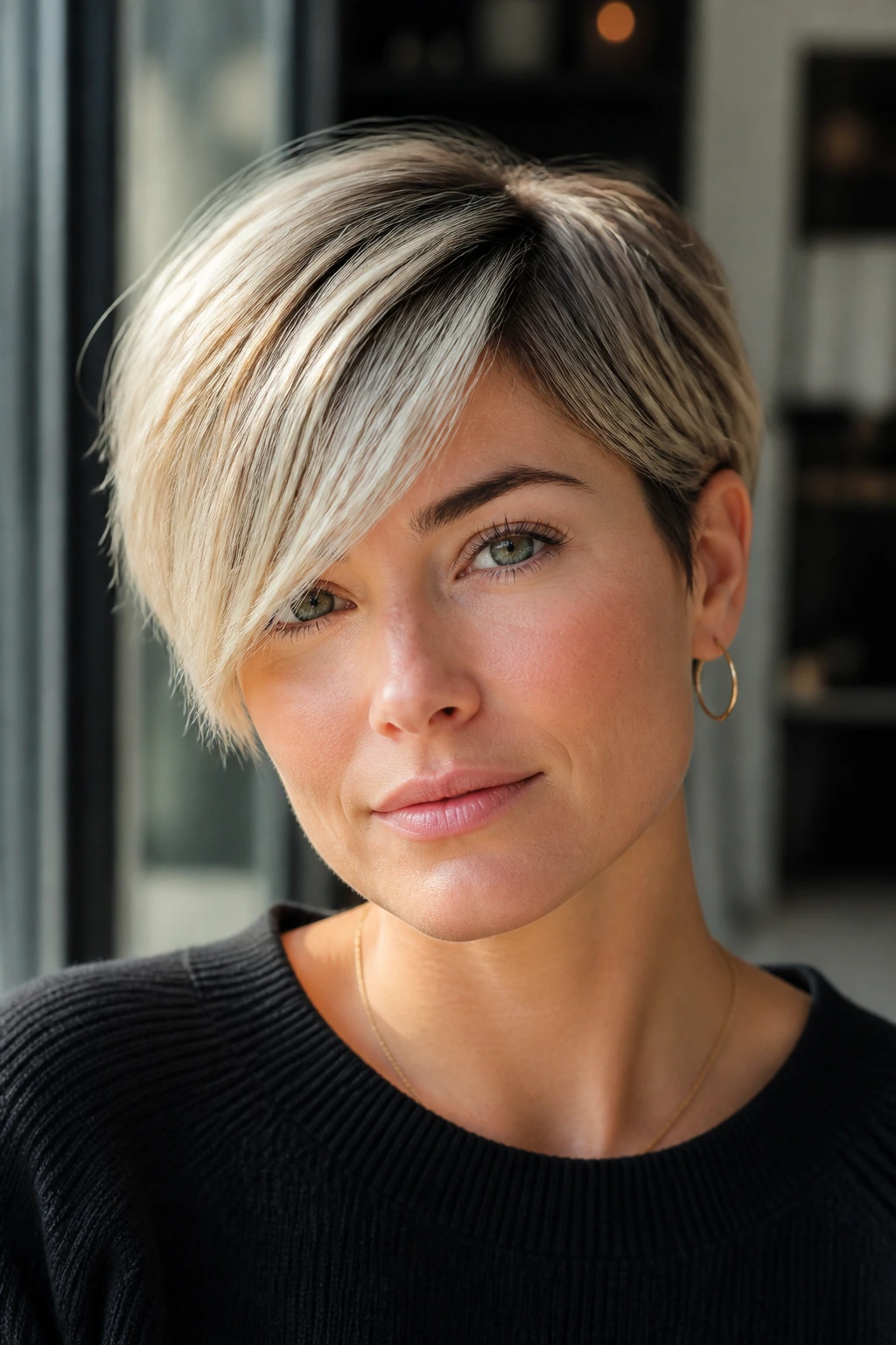 Real person with a diagonal swept fringe showing directional movement.