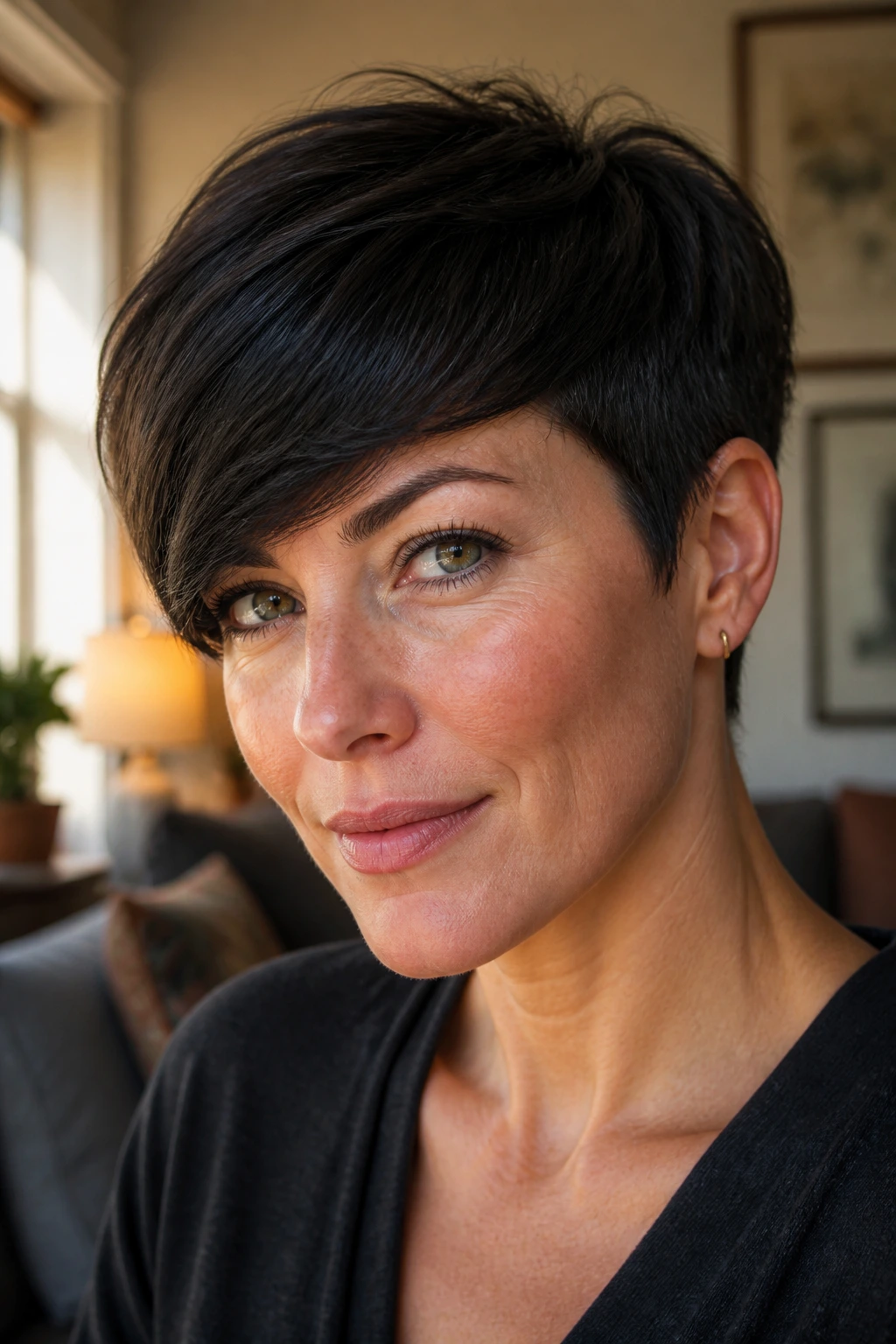 Close-up of a real woman with a swept-forward fringe pixie haircut in warm window light