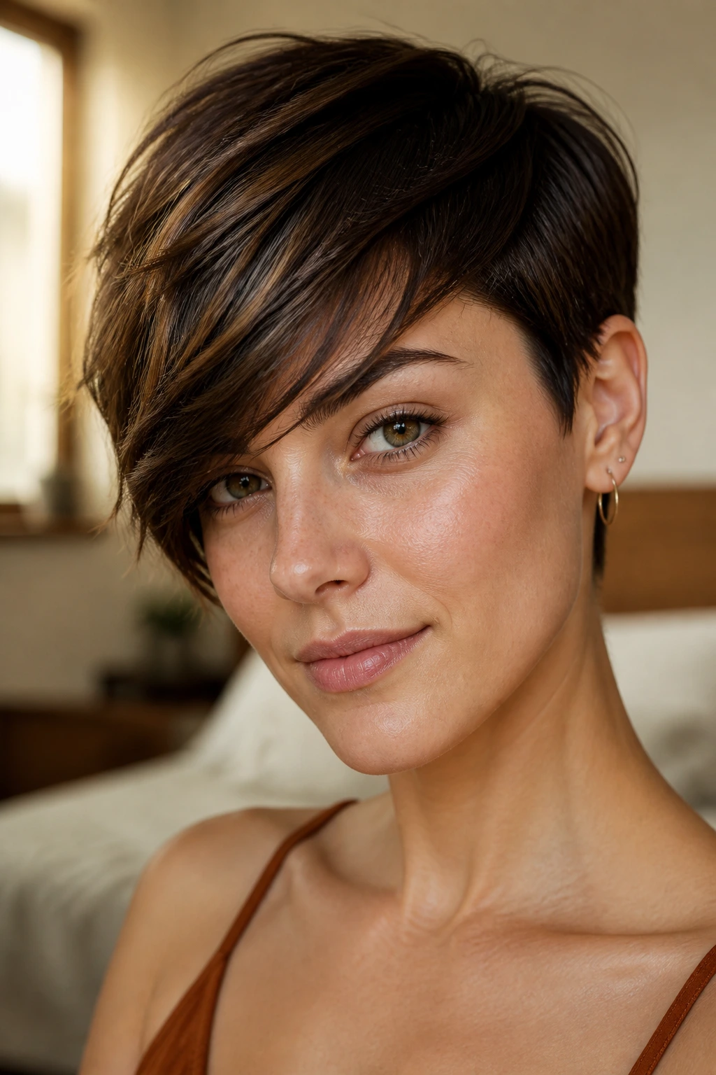 Close-up of a real person with a diagonally swept fringe on short hair in warm window light