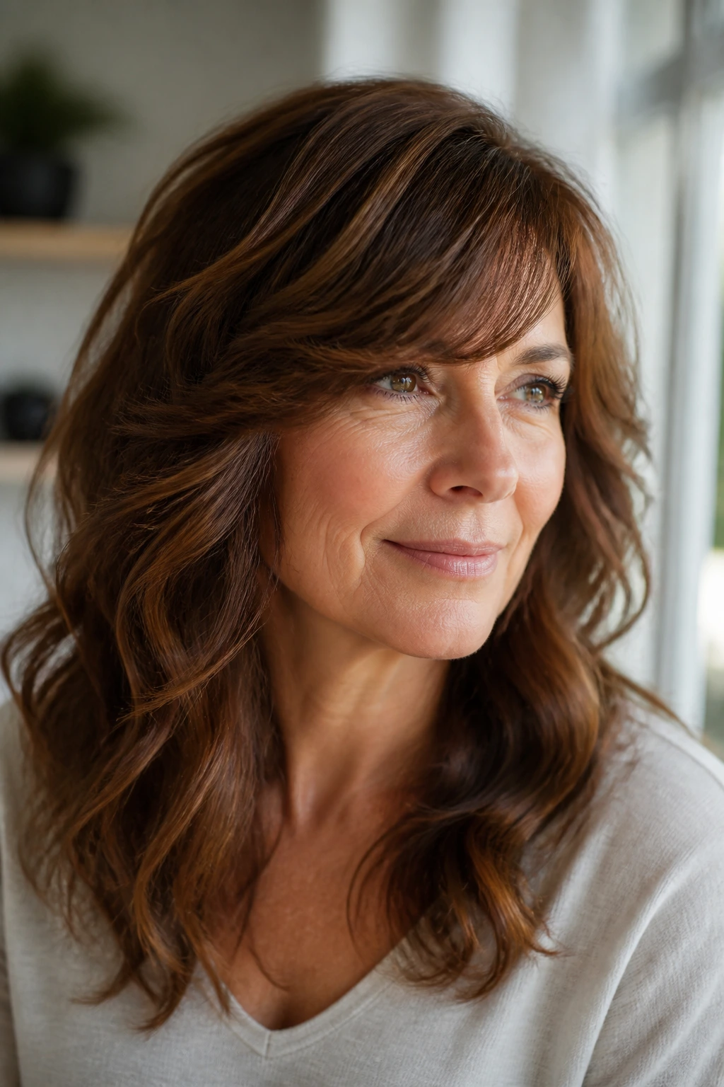 Portrait of a woman with thick waves and swept-over bangs in bright natural light