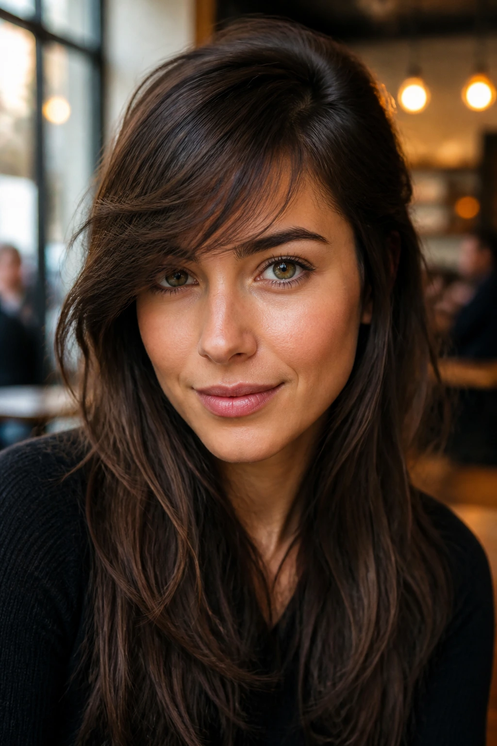 Close-up of a woman with swept-over textured fringe and a deep part