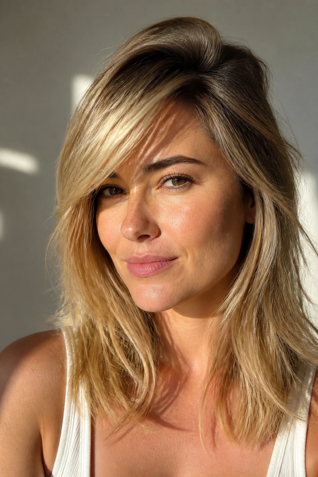Close-up portrait of a real woman with swept-over fringe and root lift