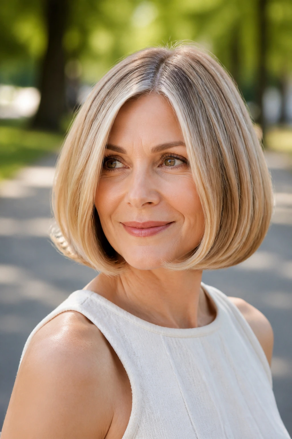Close-up of a real woman with a swing bob and flipped under ends in motion