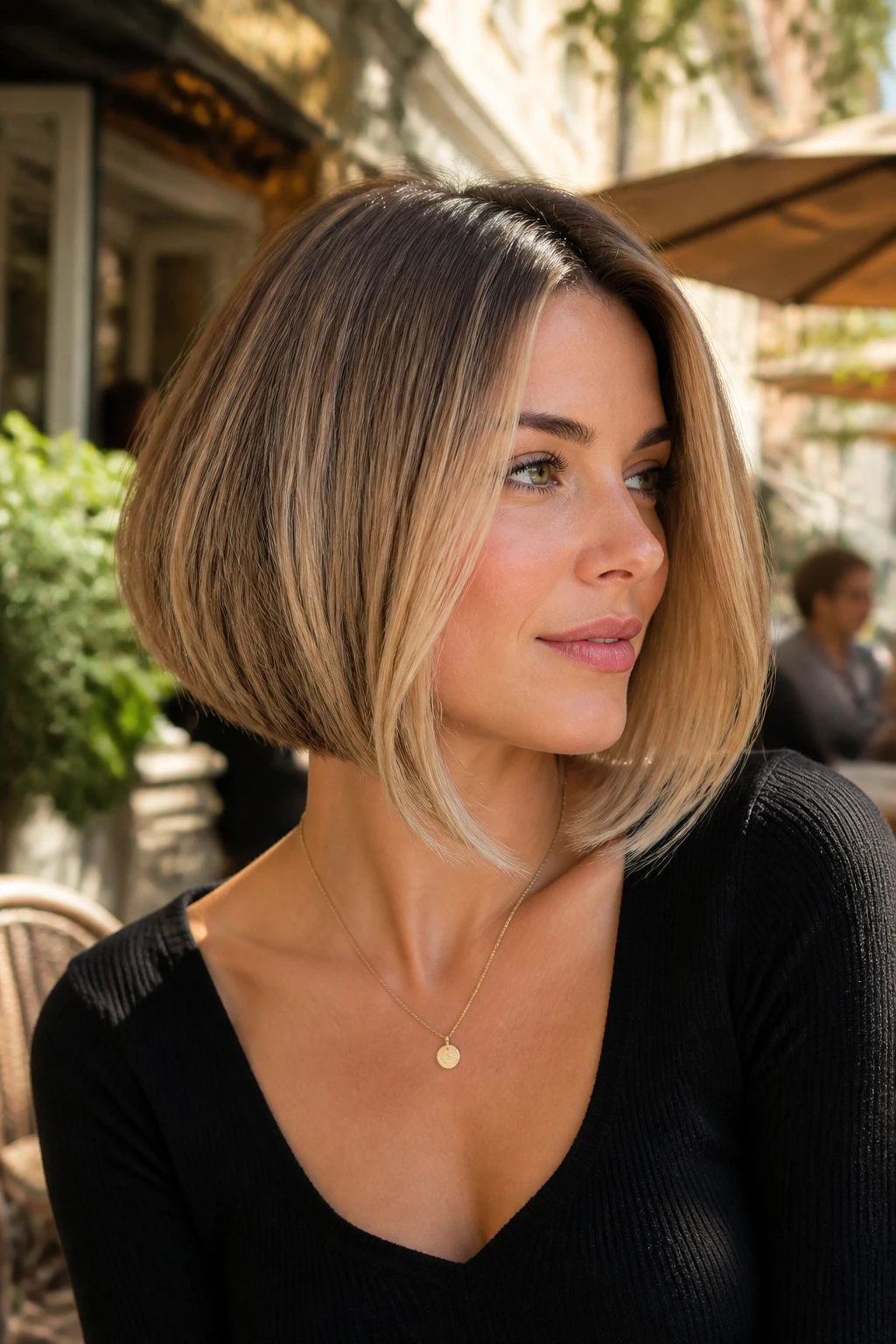 Close-up portrait of a real woman with a swing bob and longer front pieces, outdoors in sunlight