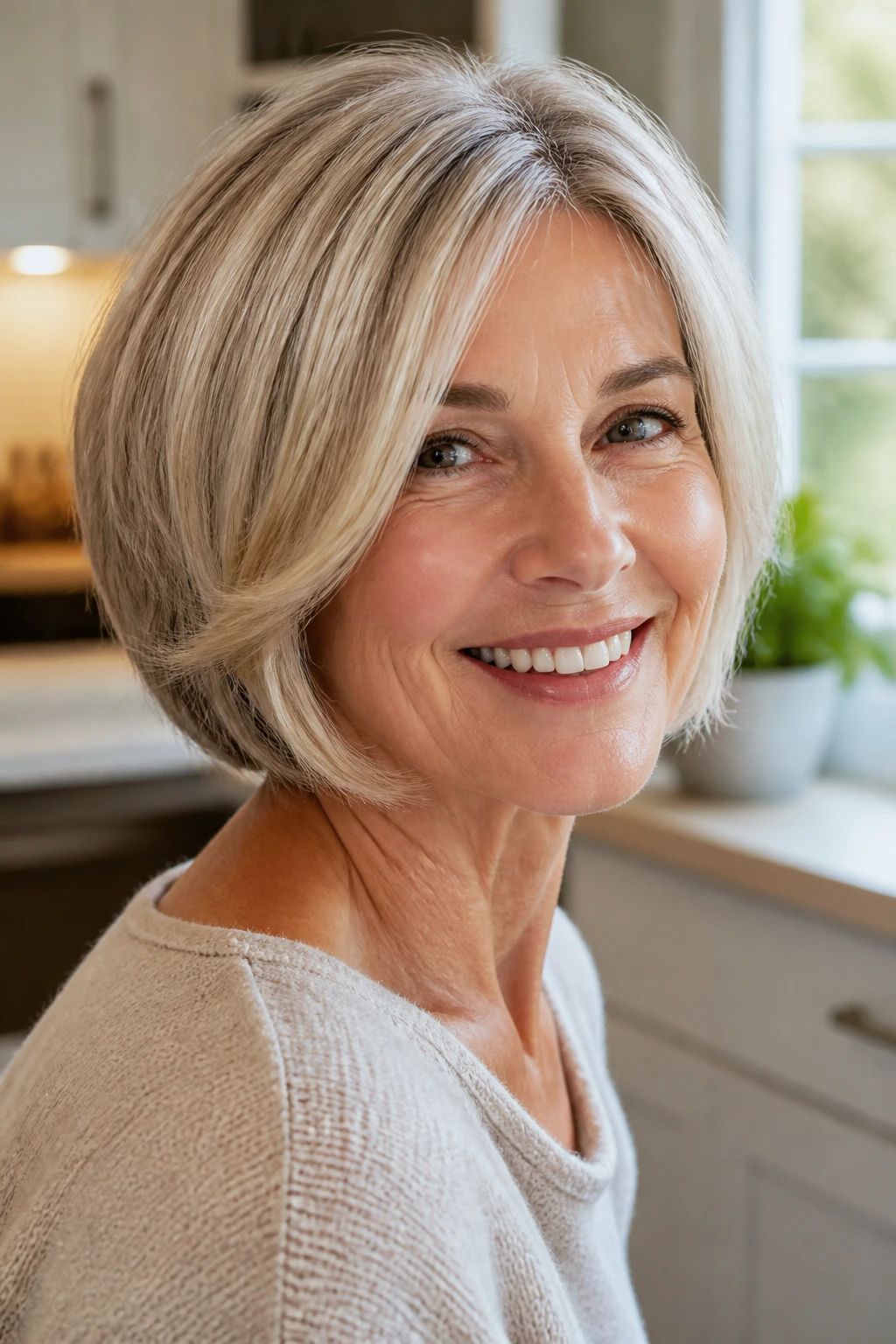 Portrait of a real woman with a swing bob showing gentle bend and movement