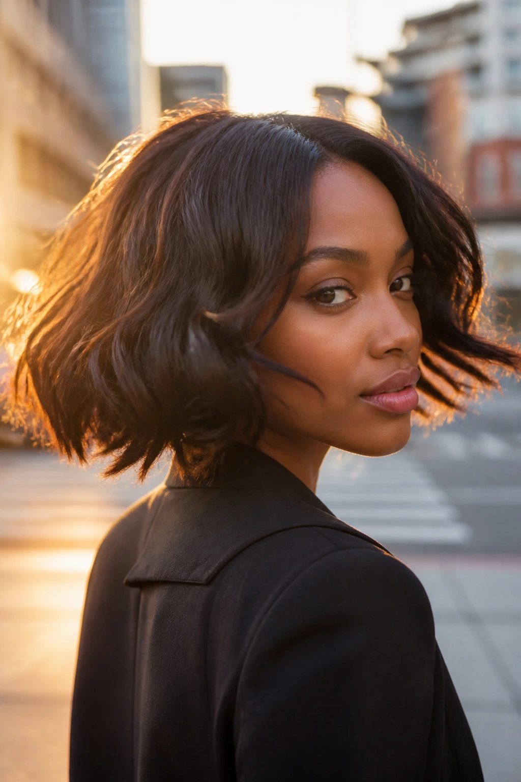 Portrait of a real woman with a swinging blowout bob walking outdoors in golden hour light.