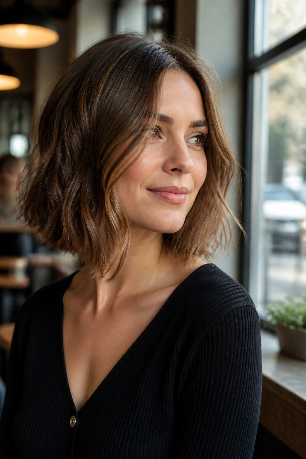 Close-up portrait of a woman with swingy bob collarbone-front pieces in cafe light