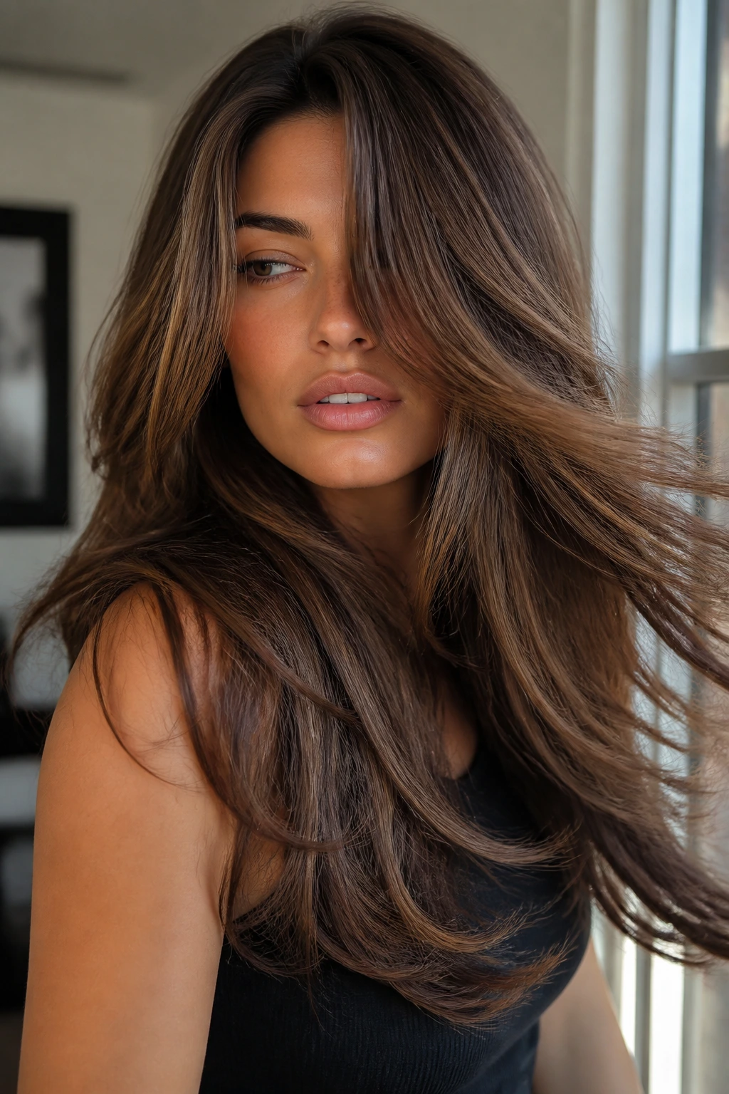 Real person with long thick hair in motion showing swing