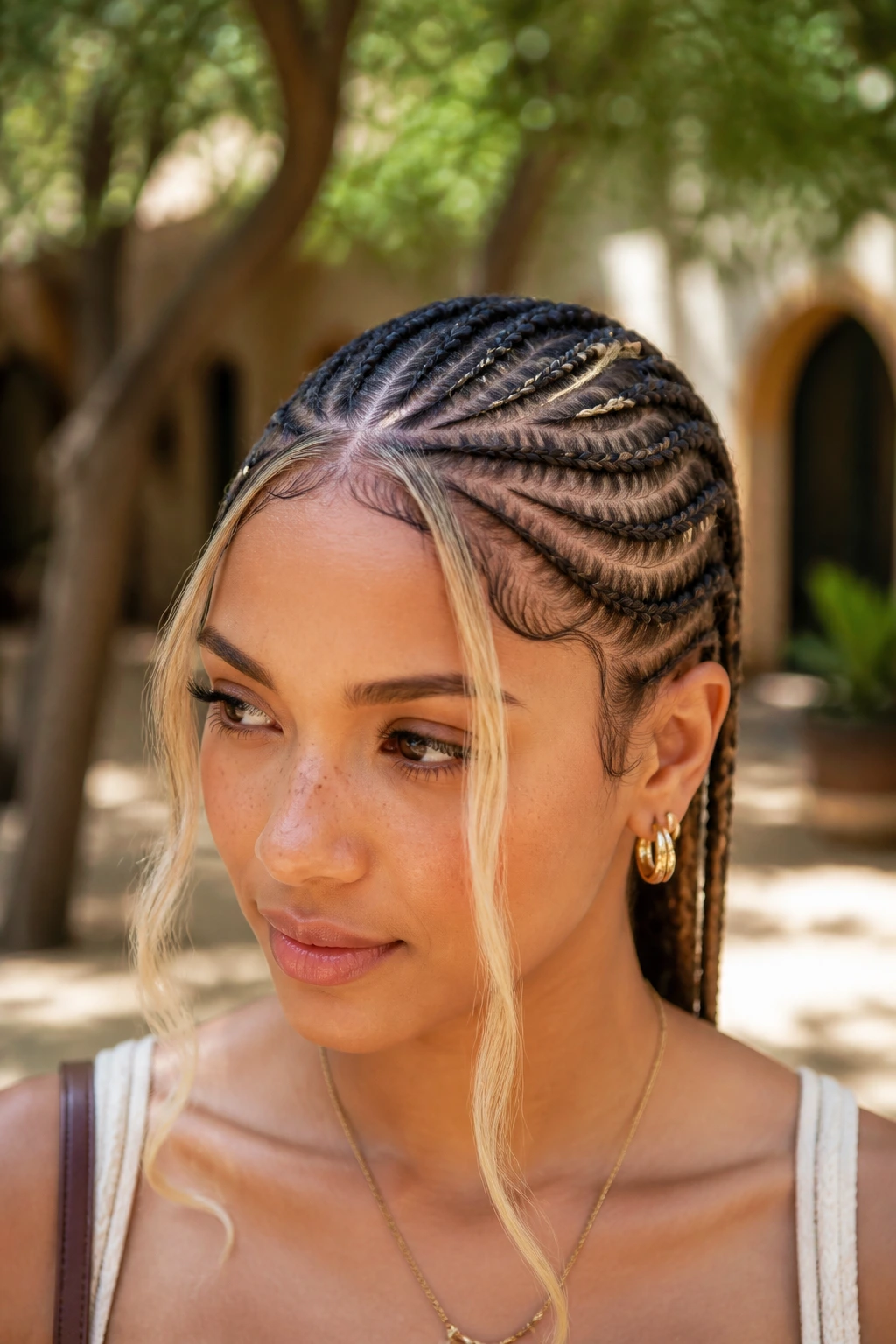 Real woman with swirl-pattern cornrows and buttery blonde money pieces framing the face.