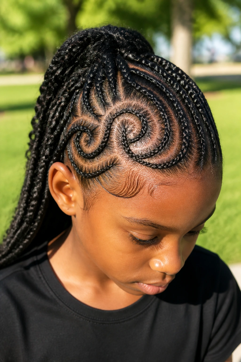 Close-up of a real child with swirl cornrows around hairline in outdoor park