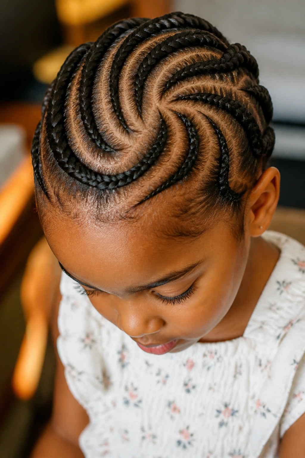 Close-up of a child with swirl-part cornrows curving around the head.