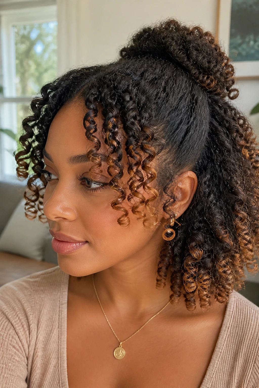 Close-up of a real person with swirl tips on a half-up style in bright room