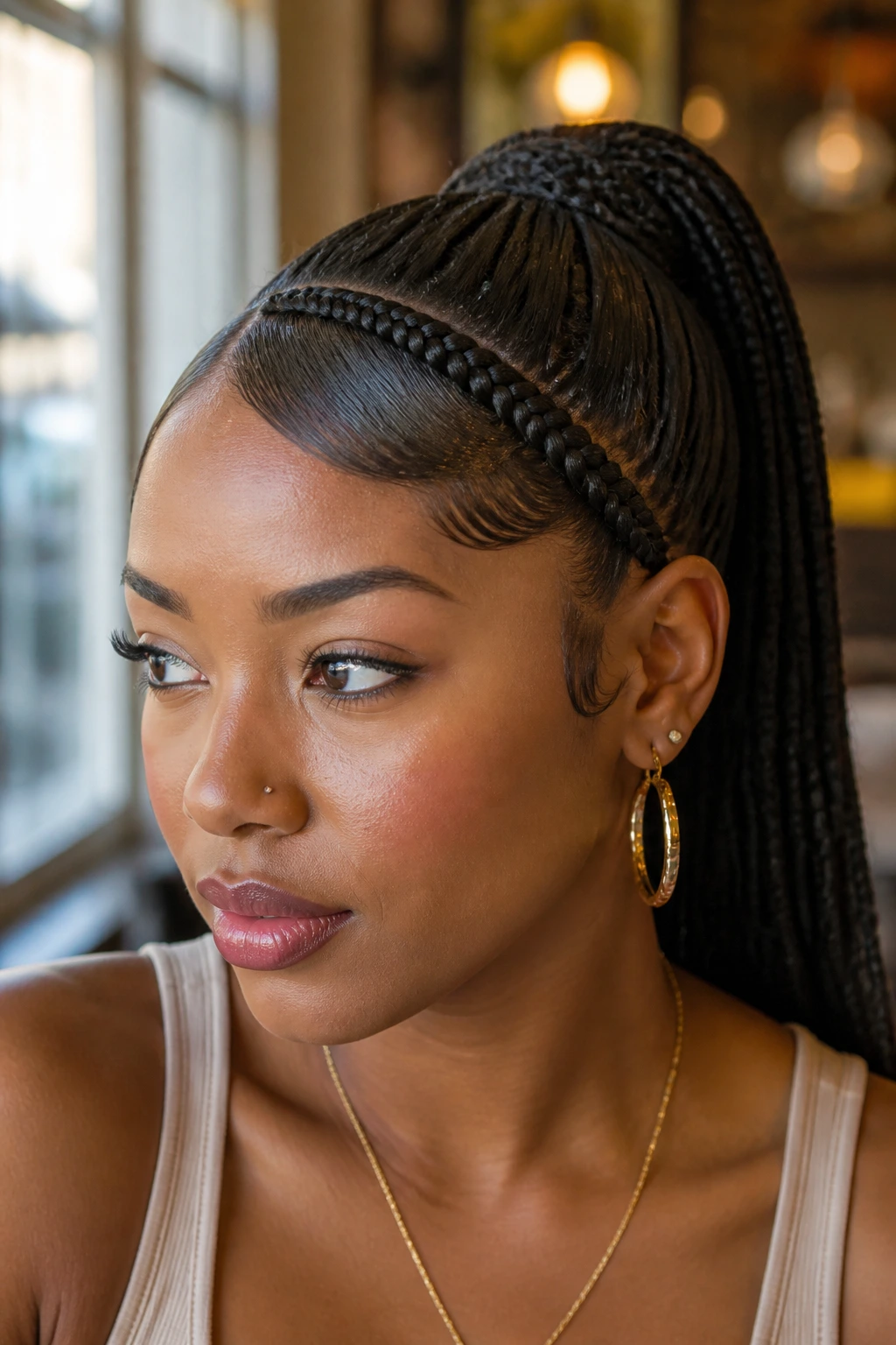 Real woman with swoop-bang braided ponytail in cafe window light