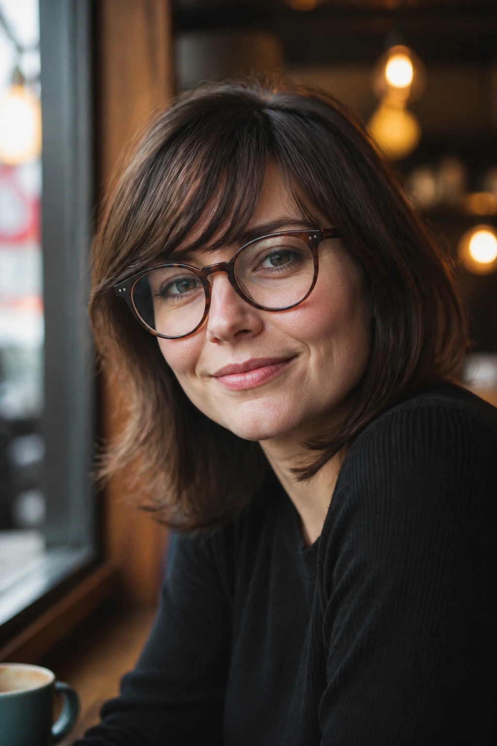 Woman with swoop bangs and glasses showing the arc variation.