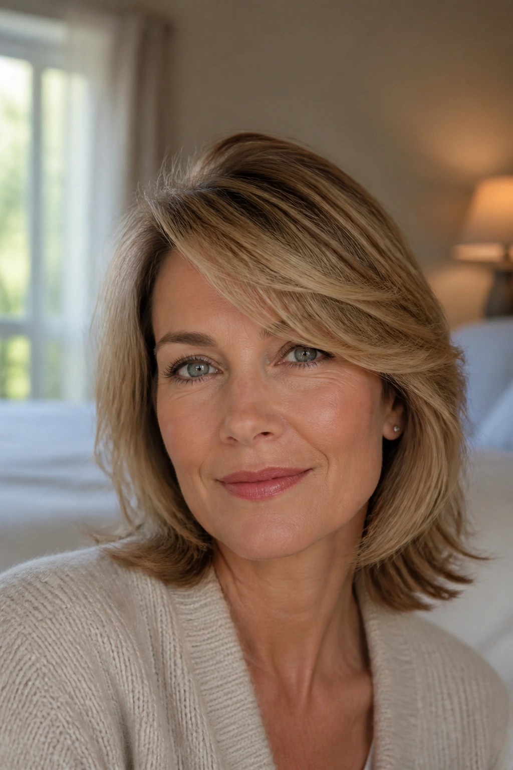 Close-up portrait of a real woman showing lifted swoop bangs for extra lift and polish.