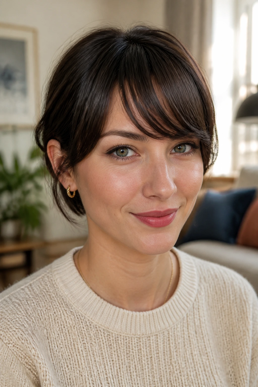 Close-up of a real woman with crisp swoop bangs kept in shape between washes.