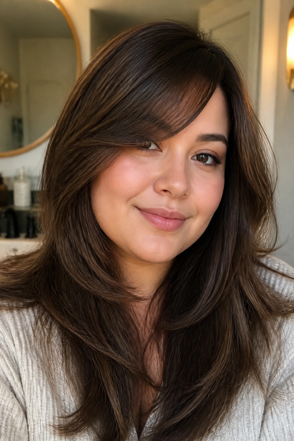 Close-up of a woman with a soft swoop front bangs in warm light