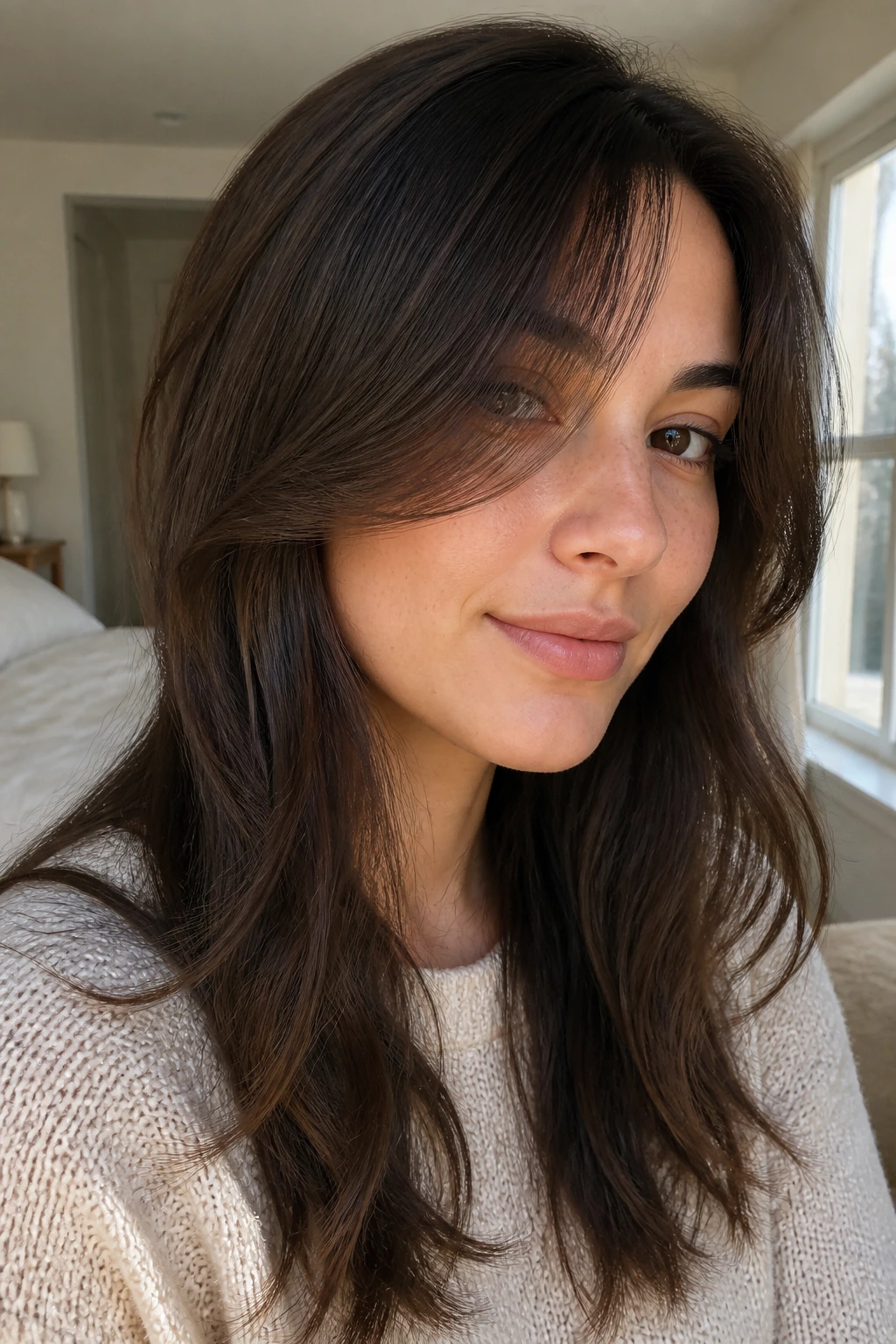 Close-up of real woman with swoop-fringe blend hair