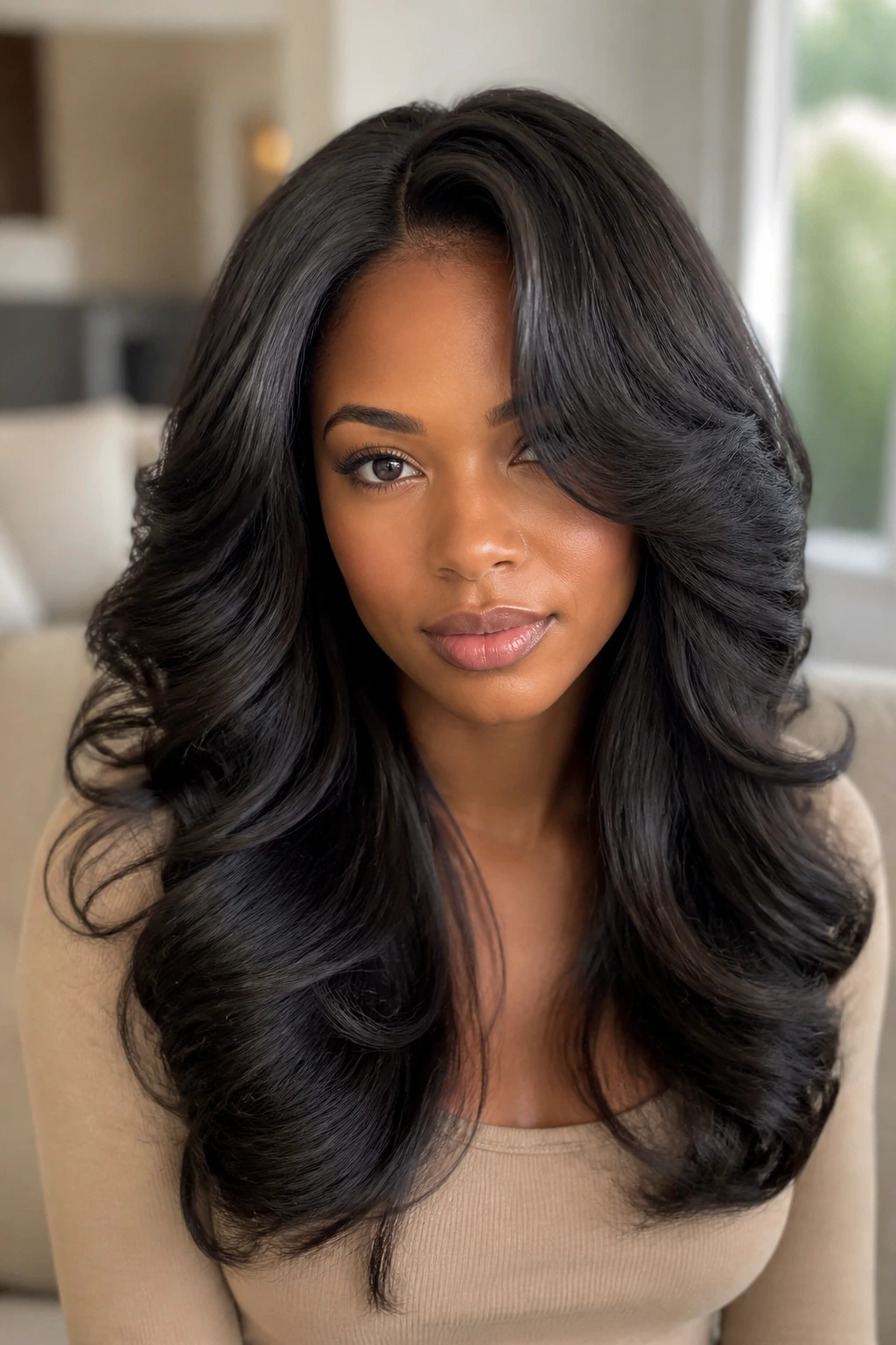 Real woman with big swoop layers and centered waves.