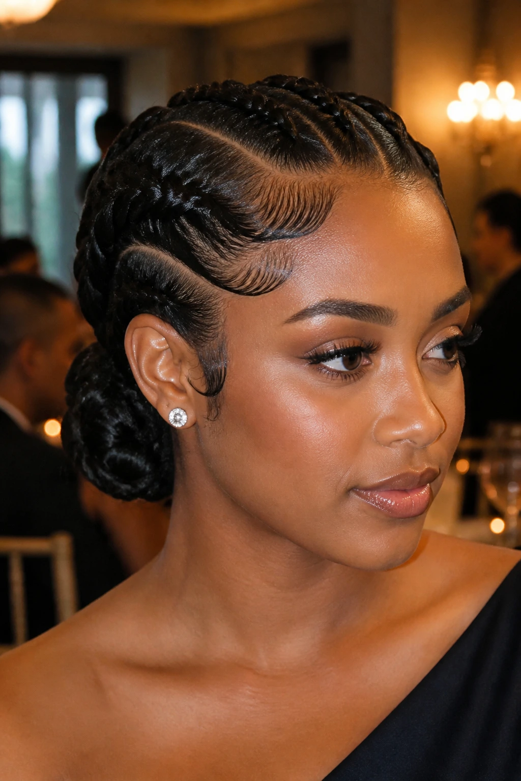 Close-up of a real woman with swooped-edge double Dutch braids for an event