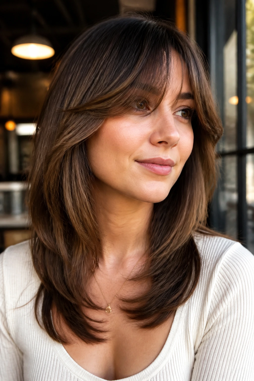 Portrait of a woman with swoopy bangs and collarbone front pieces in warm cafe light