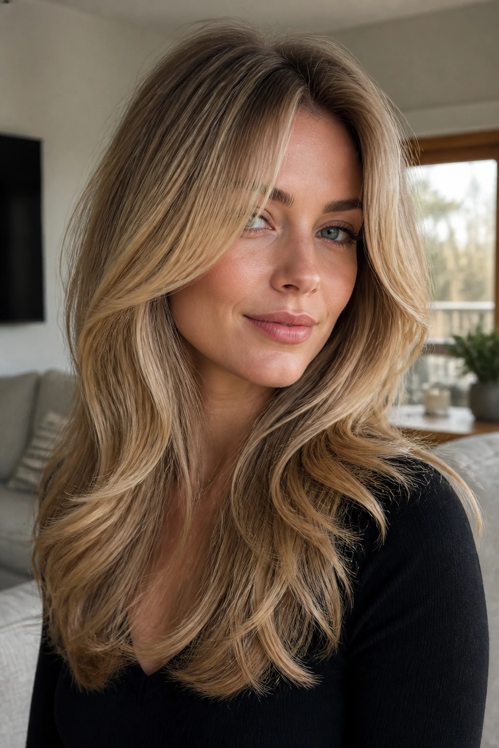Real portrait showing swoopy blowout layers and curtain fringe in soft indoor light