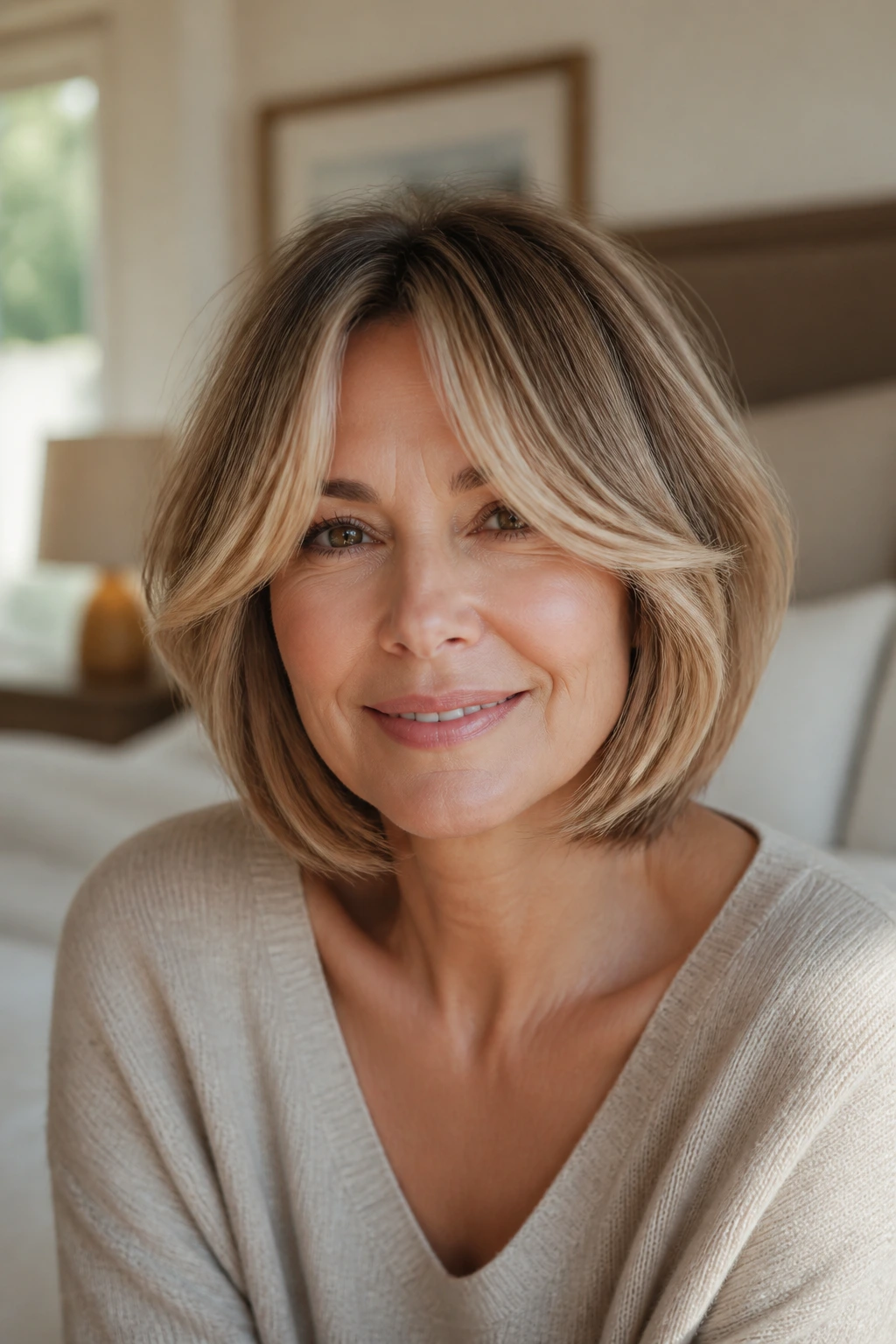 Close-up of a real woman with swoopy bob and curtain bangs in soft bedroom light