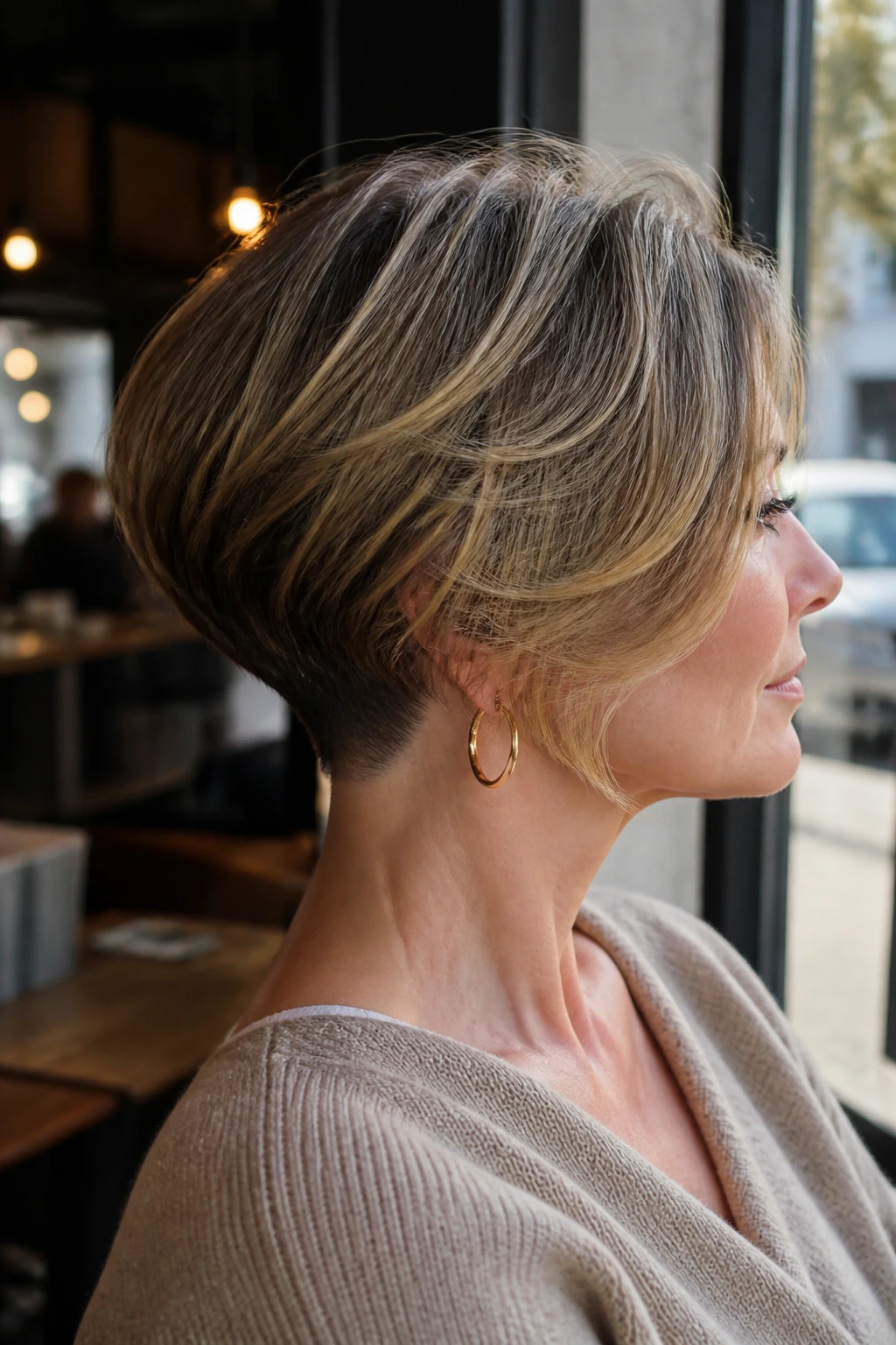 Close-up of a real woman showing a swoopy bob with hidden undercut at the nape
