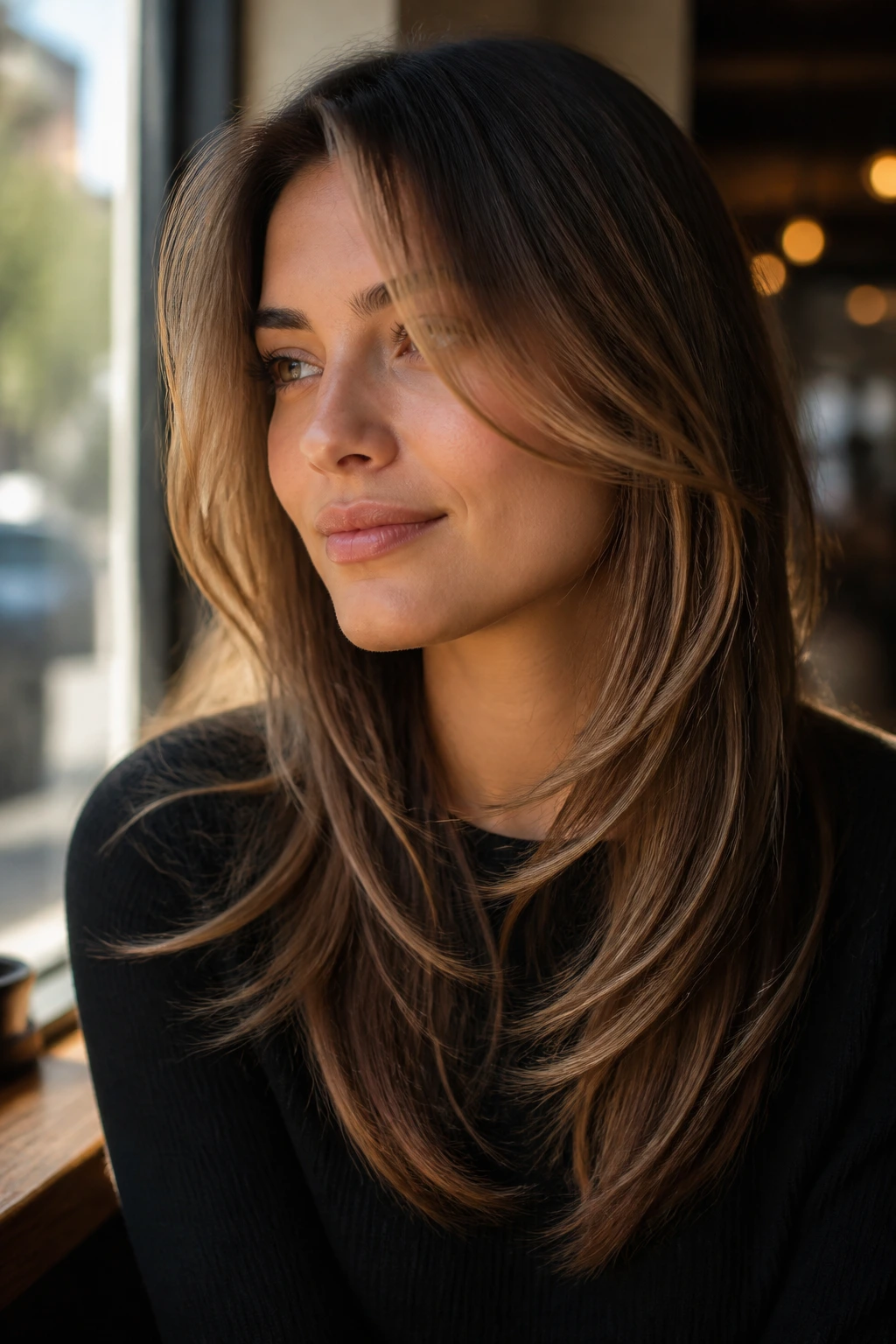 Portrait of a real woman with a swoopy face frame and long mid-length layers.