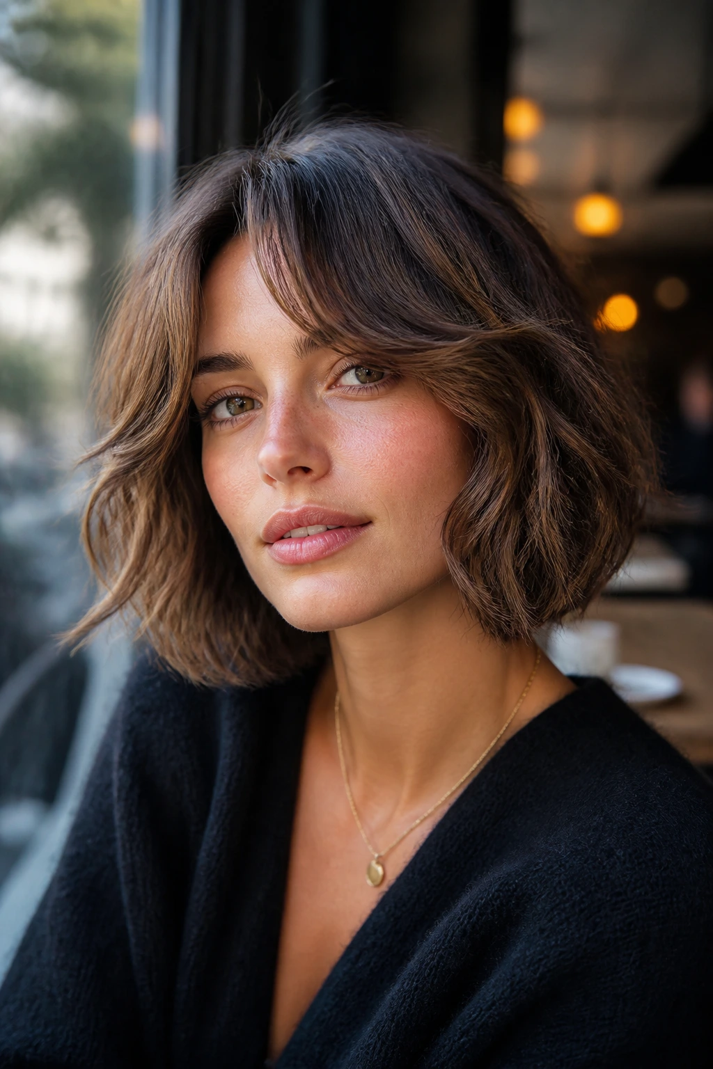 Close-up of a real woman with a swoopy fringe bob
