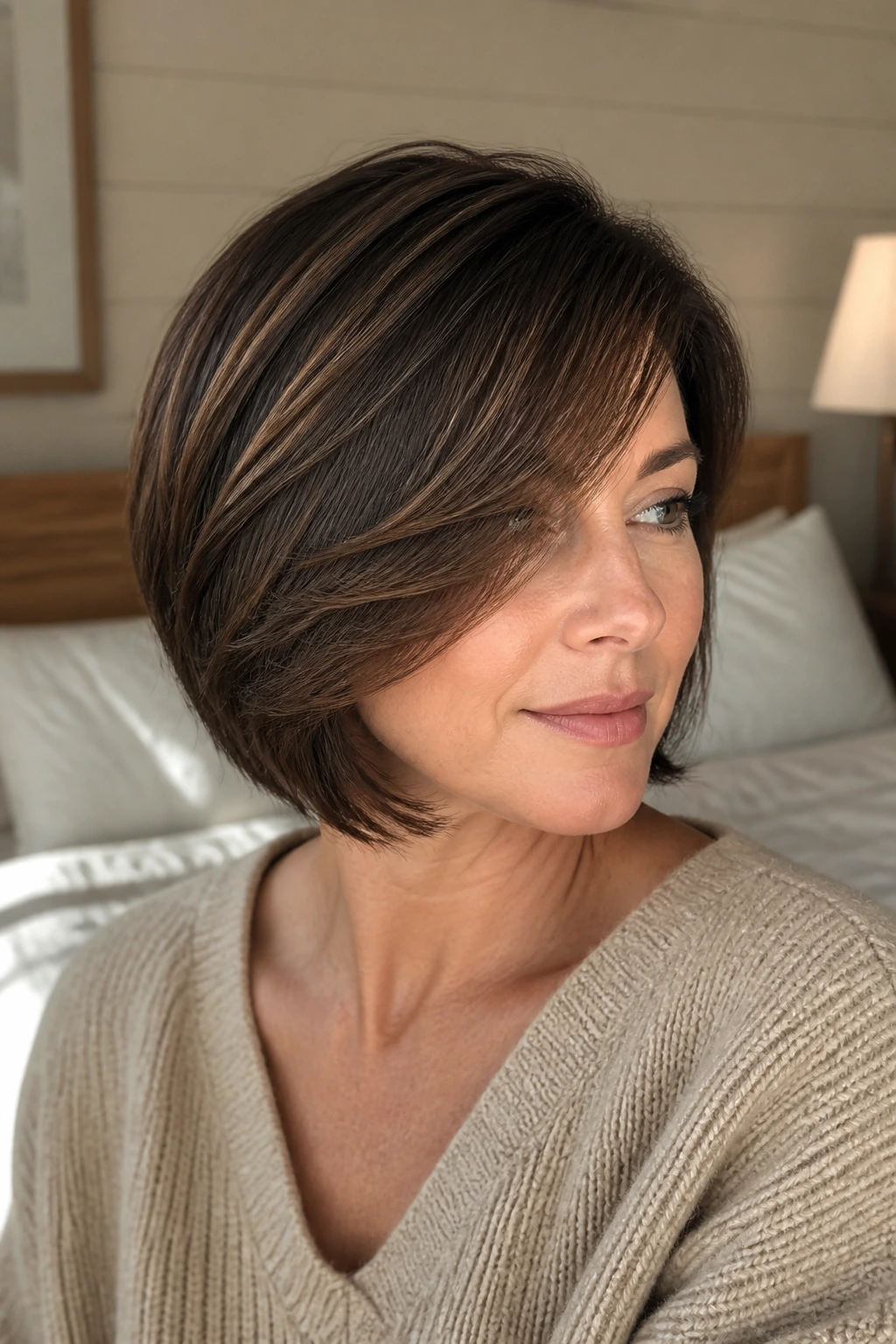Close-up of a real woman with swoopy fringe bob in natural light