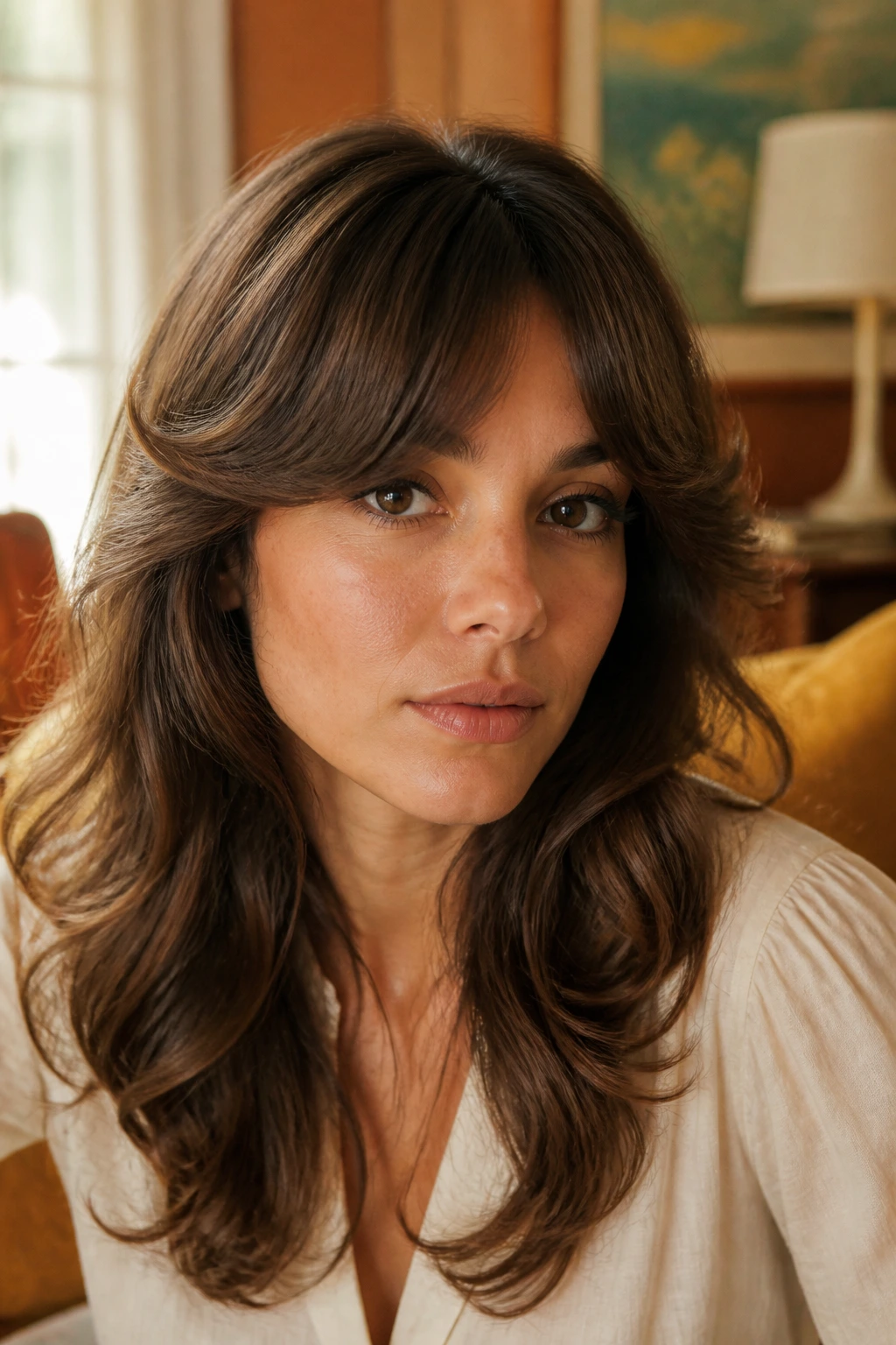 Portrait of brunette with swoopy 1960s fringe