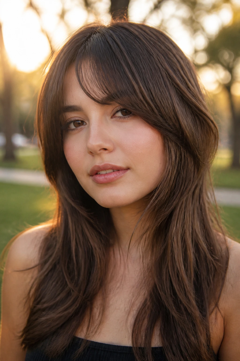 Close-up portrait of a woman with swoopy fringe tucked into cheeks in golden hour light