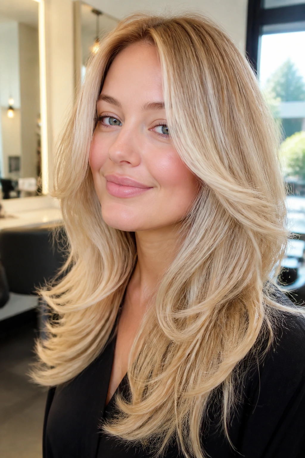 Close-up portrait of a real woman with swoopy layers and buttercream balayage.